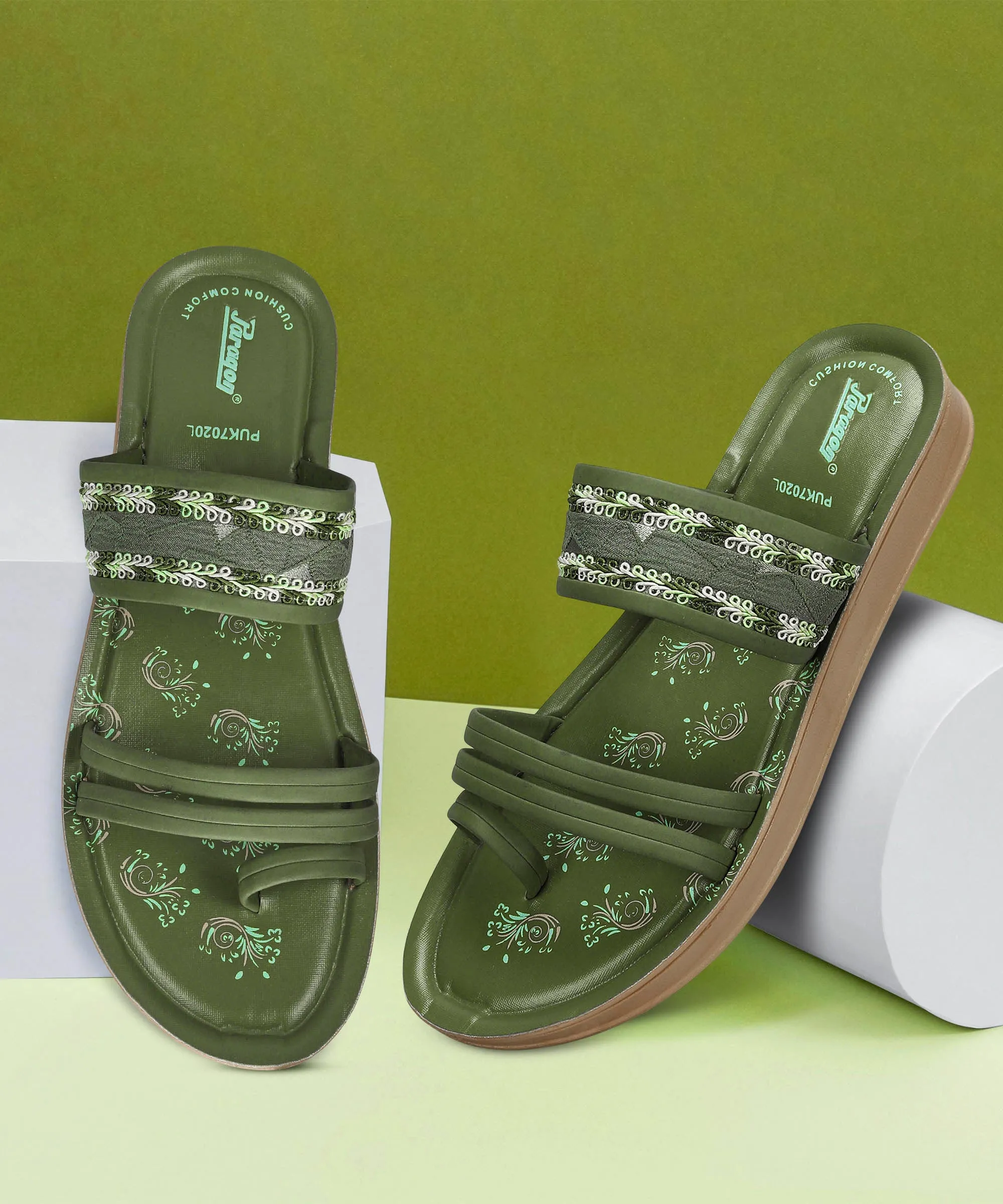 Paragon Women's Slip On Flat Pista Green Sandals | Durable Dailywear Sandals Stay Breezy Bay Walk