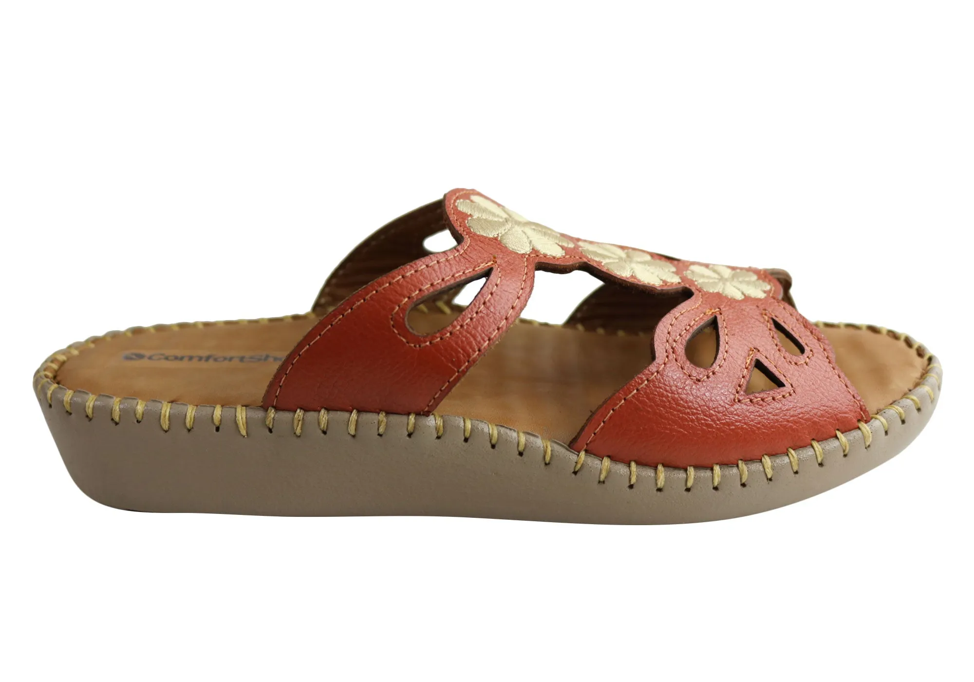 Comfortshoeco Orchid Womens Cushioned Comfort Leather Slides Sandals Warm Step Off Duty
