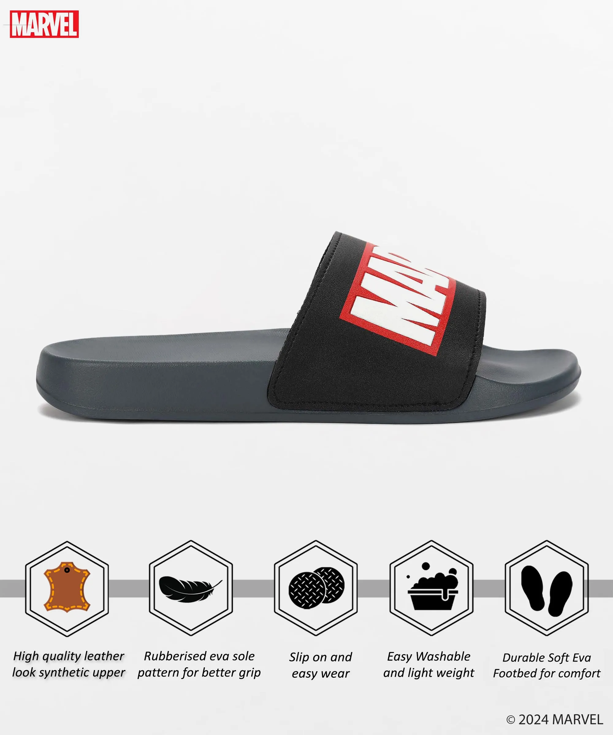 Practical Function Quick Sandal Wear Marvel EVMK10922G Men's Black Sliders | Trendy Sliders with Durable & Cushioned Sole Construction | Waterproof & Lightweight, Perfect for Everyday Casual Wear