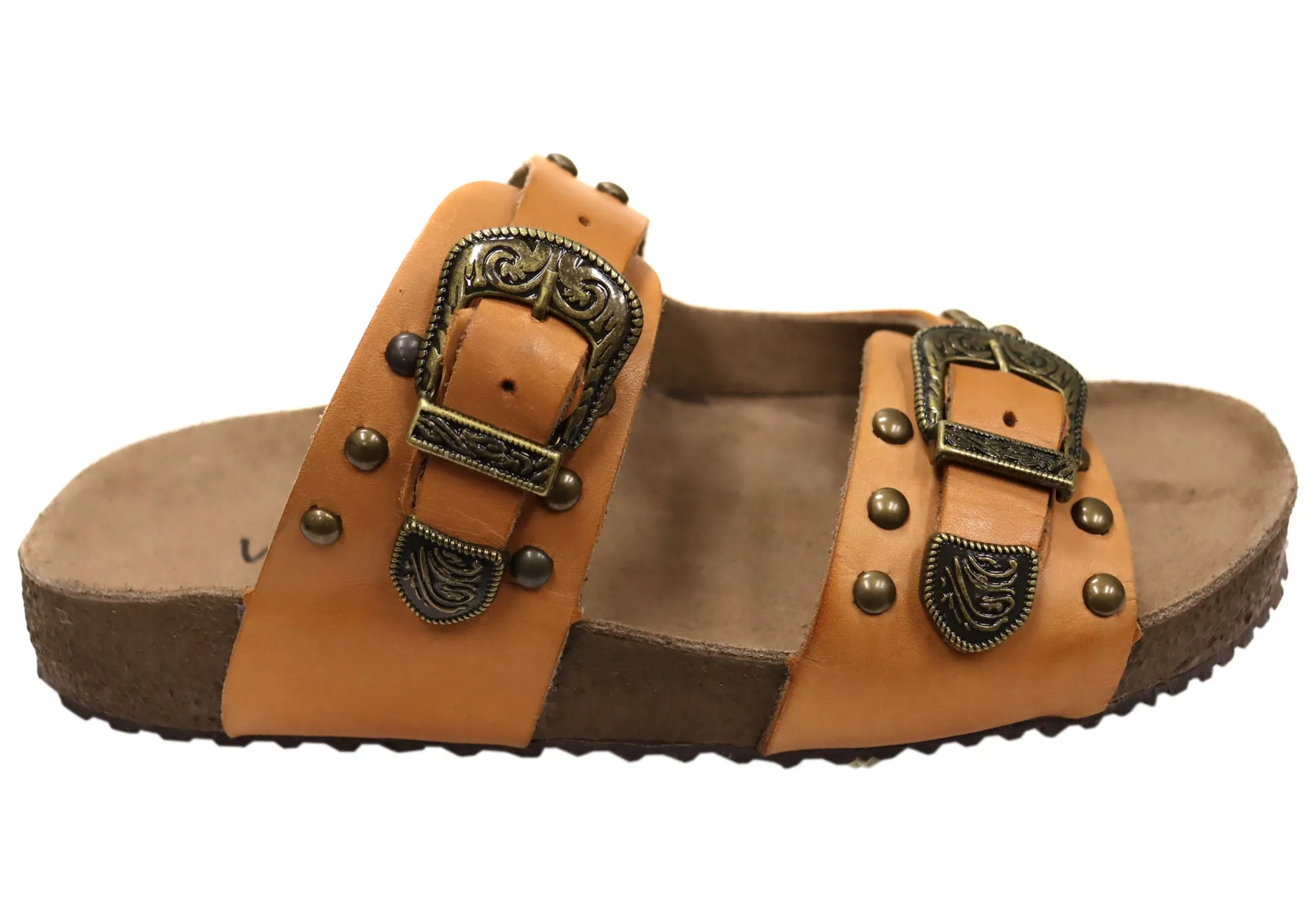 Via Paula Renee Womens Leather Comfort Slides Sandals Made in Brazil Comfy Feel