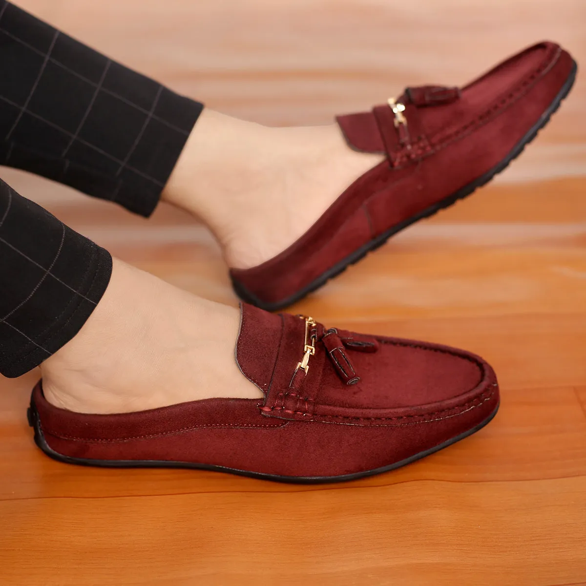 Bacca Bucci JAMBOREE Fashion Mules/Clogs/Backless Loafers for Party/Travel/Office-Velvet Maroon Outfit Choice Relax Movement