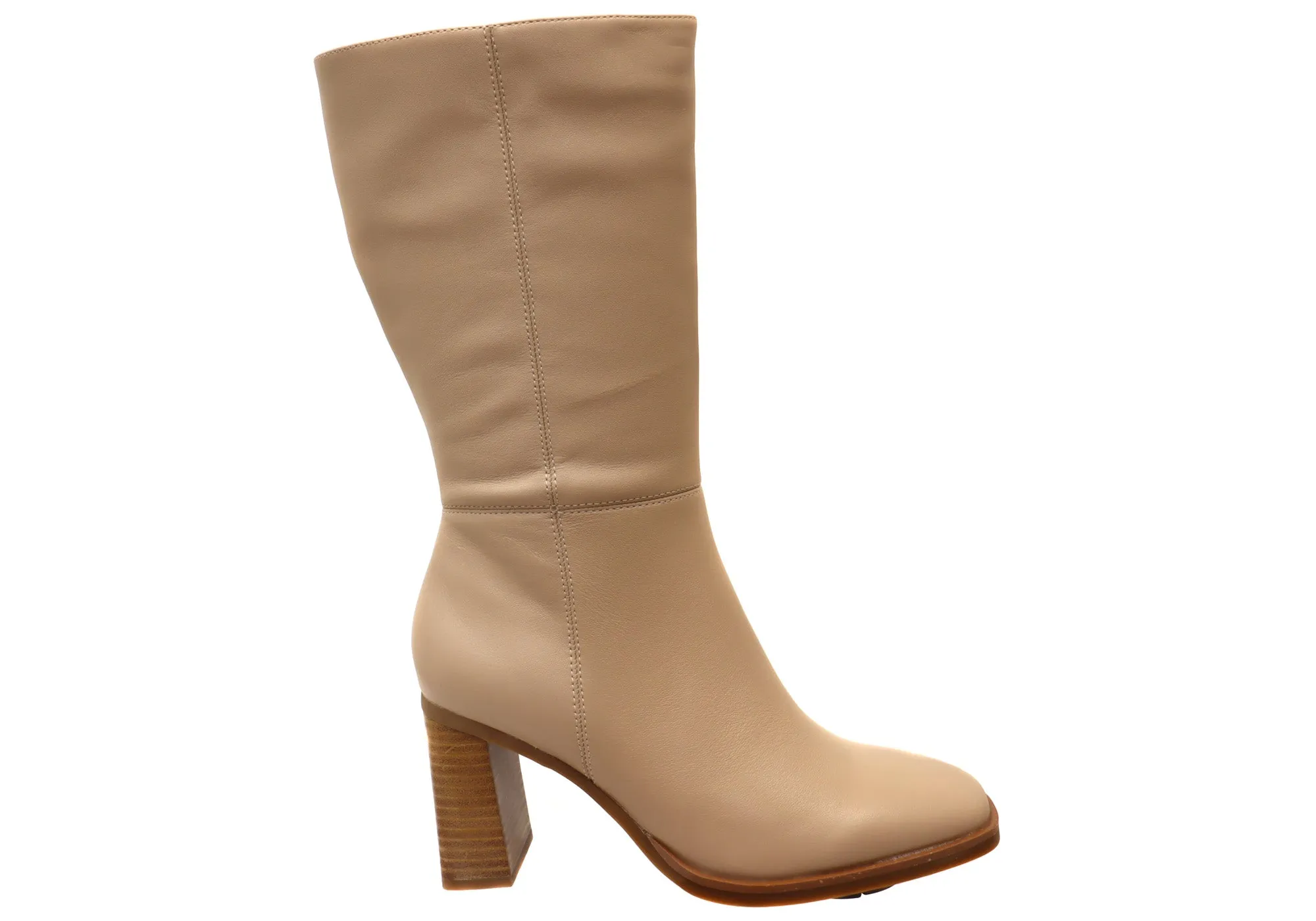 Hush Puppies Patron Womens Leather Heeled Mid Calf Nude Boots Custom Fit All Weather Rural Traveler