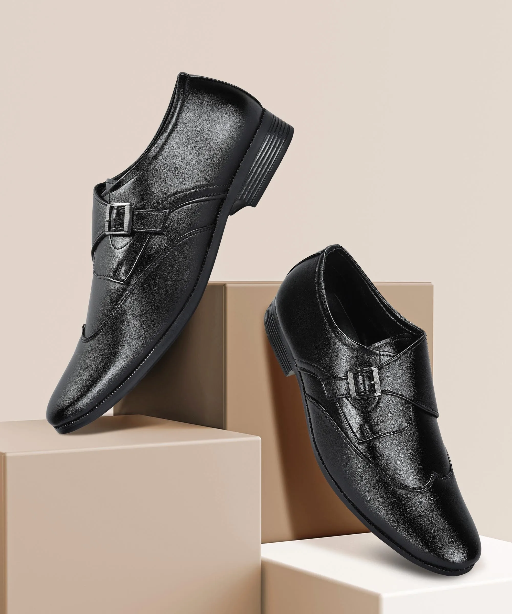 Paragon Men's Black Formal Shoes with Buckle| Durable & Sturdy for Outdoor Wear Trendy
