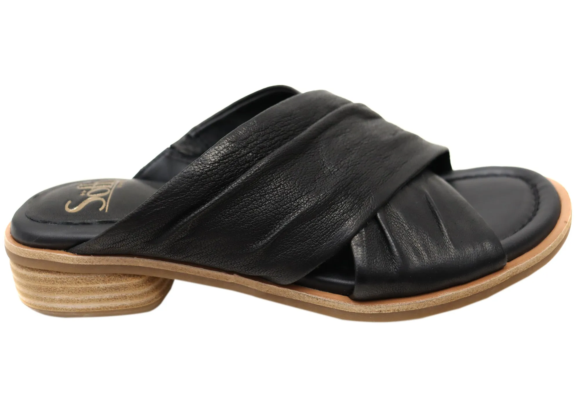 Playful Step Chic Practical Sofft Fallon Womens Leather Slides Sandals With Comfort Footbed