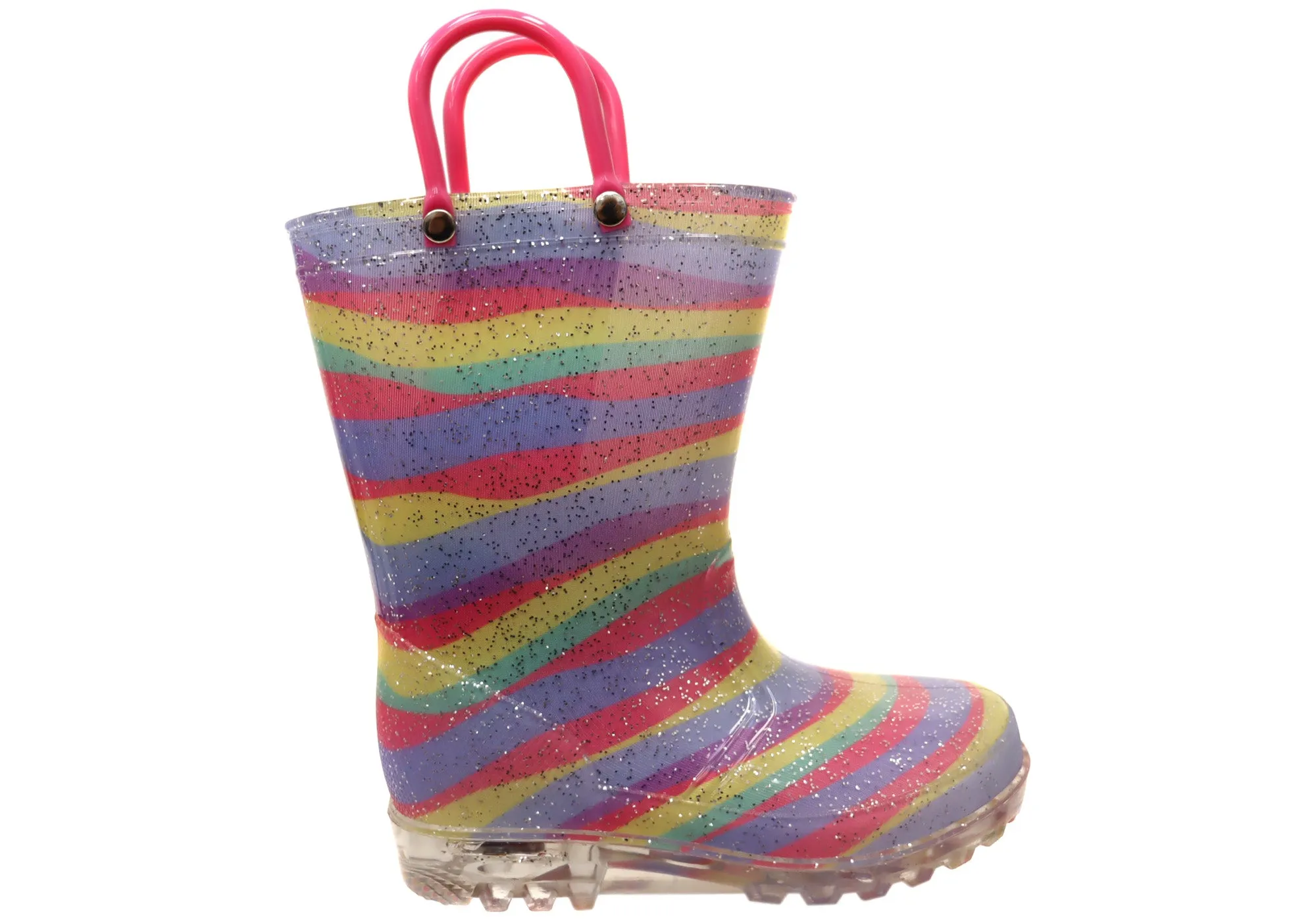 Waterproof Cold Climate Sleek Fit Jellies Rainbow Stripe Lights Baby Toddler Kids Light Up Gumboots