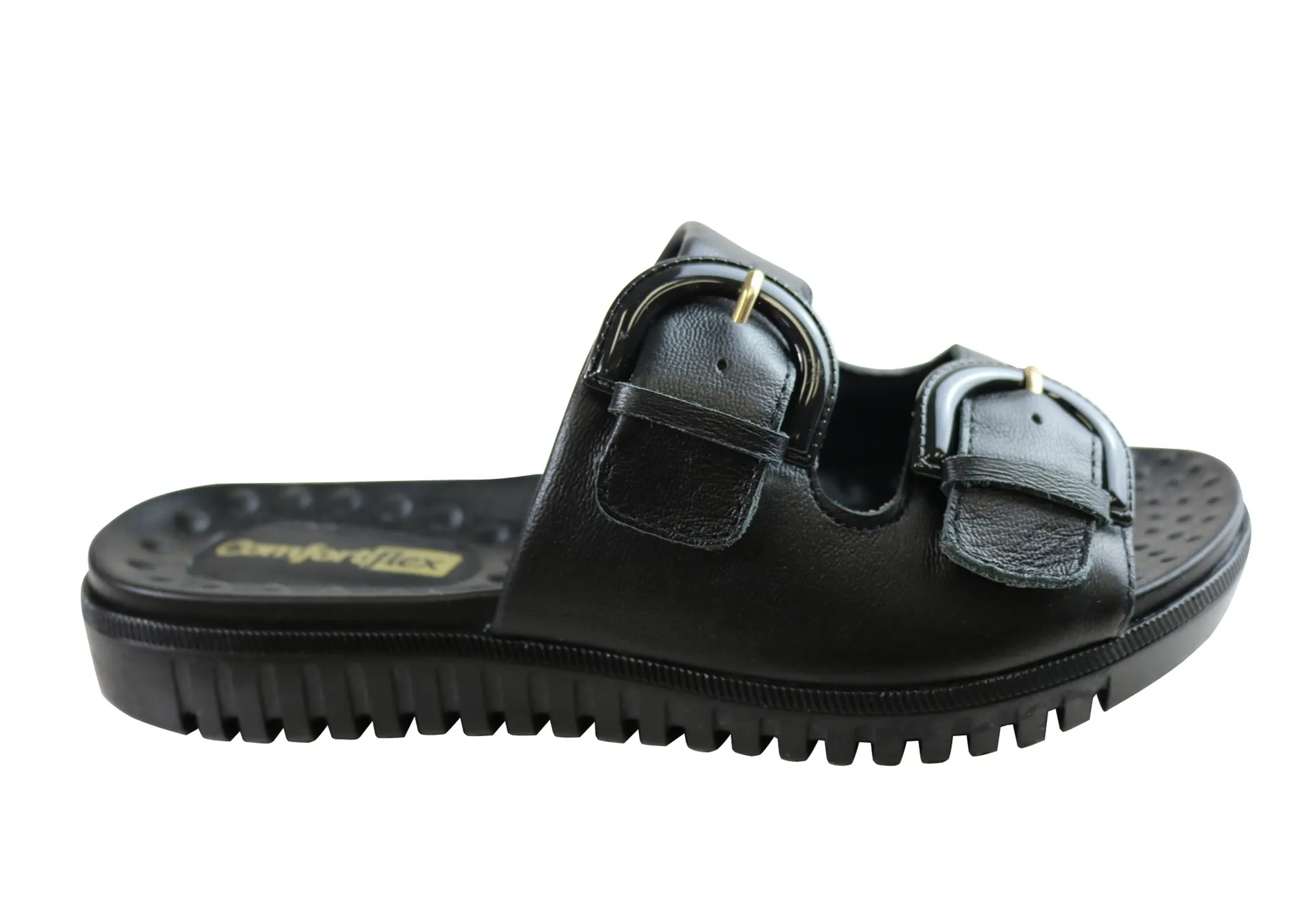 Comfortflex Daphine Womens Leather Slides Sandals Made In Brazil Adjustable Walking Shoes