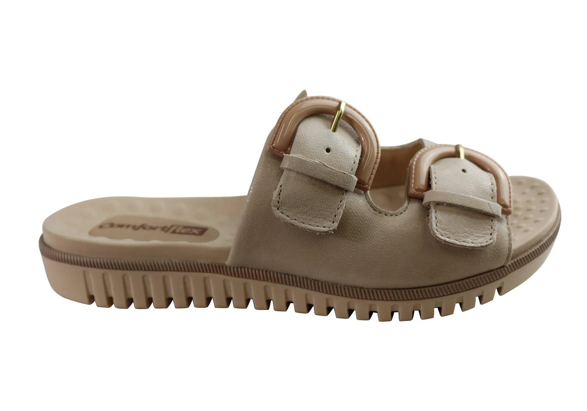 Comfortflex Daphine Womens Leather Slides Sandals Made In Brazil Slip Guard Effortless Style
