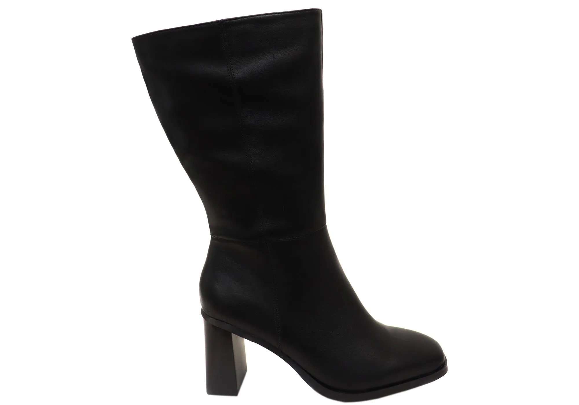 Hard wearing Comfy Step Hush Puppies Patron Womens Leather Heeled Mid Calf Black Boots