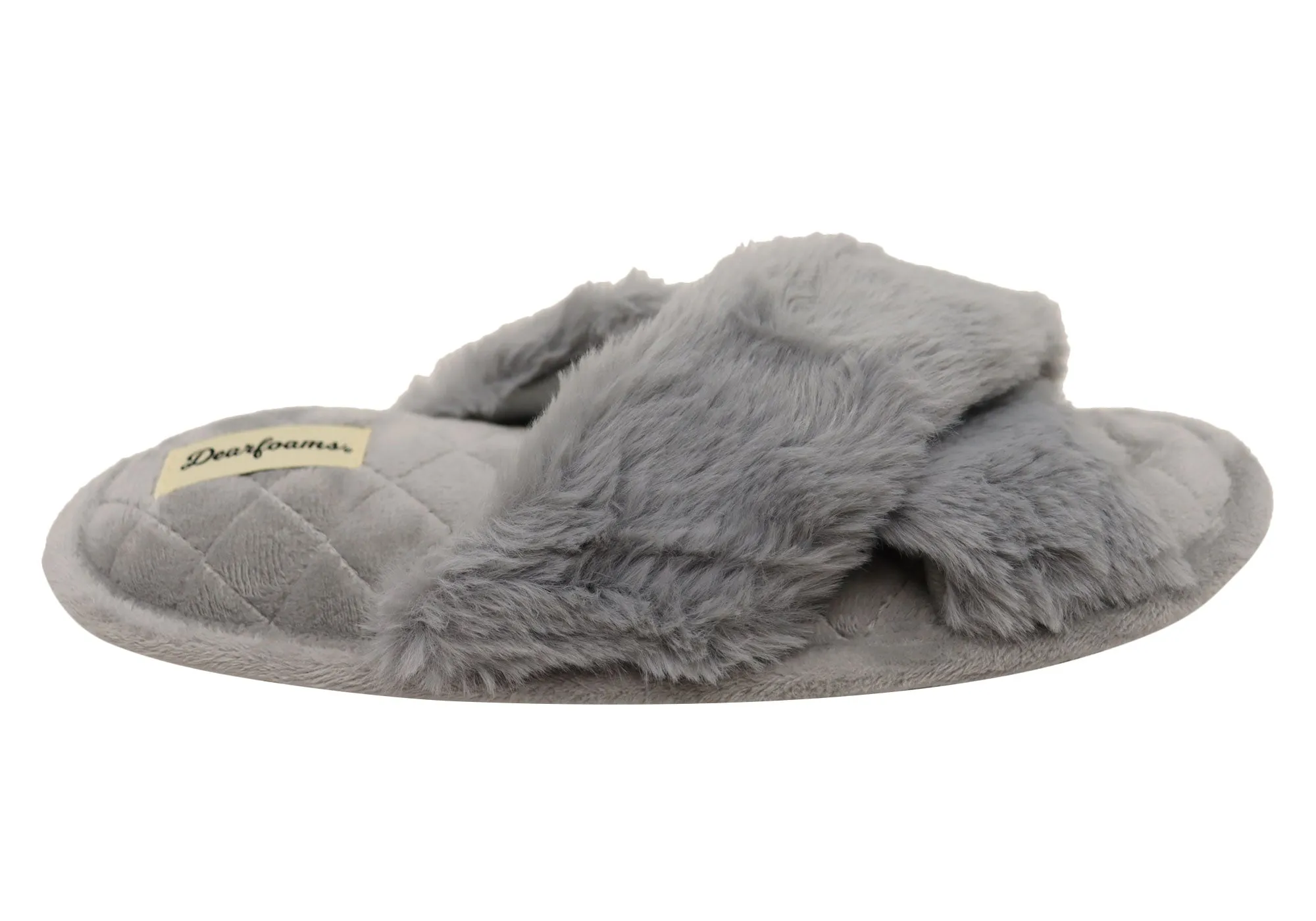 Workout Quick Slip-On Dearfoams Womens Comfortable Jessica Furry Crossband Slide Slippers