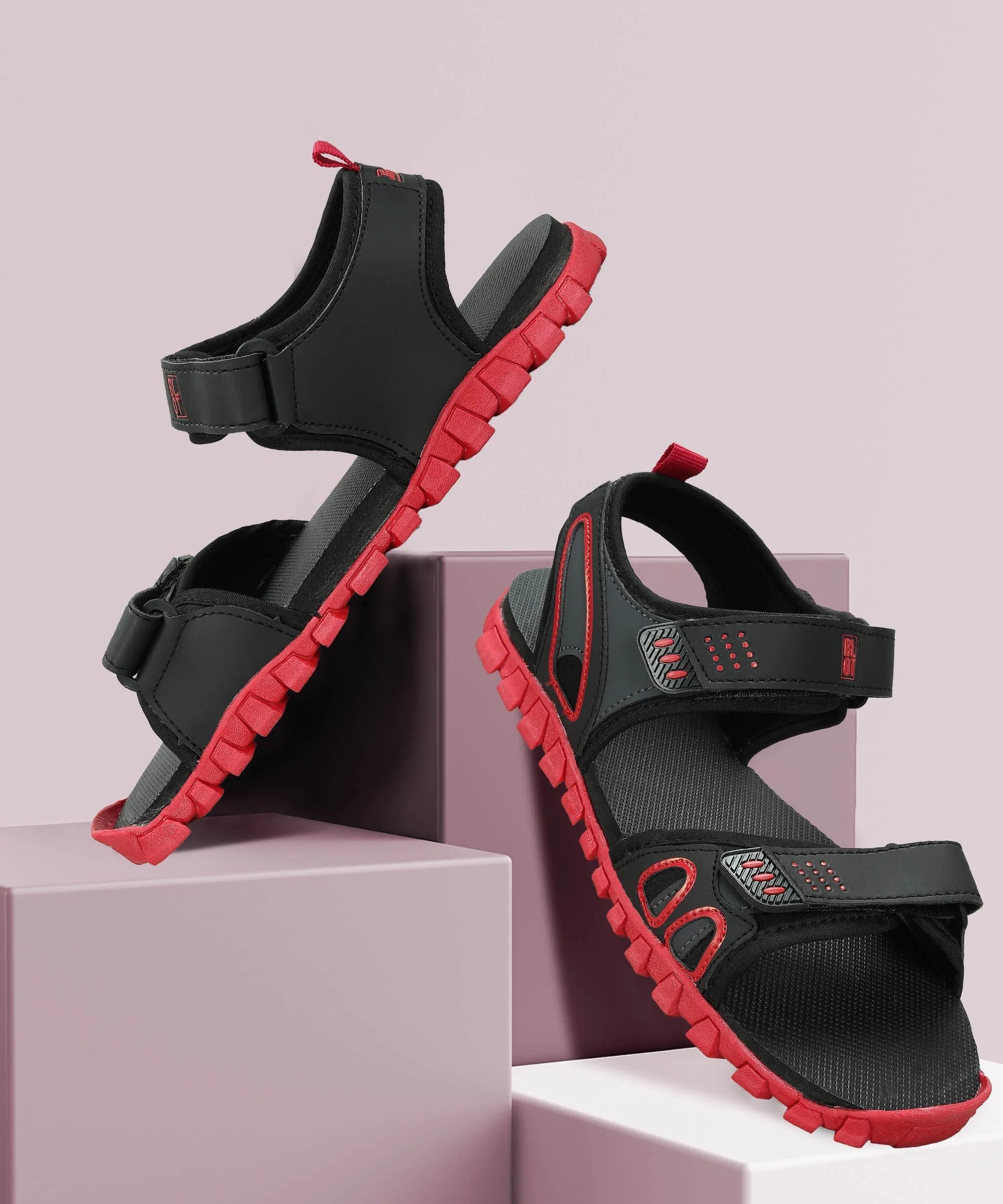 Paragon Men's Stylish Lightweight & Durable Black Red Velcro Dailywear Sandals Relaxing Durable Walk