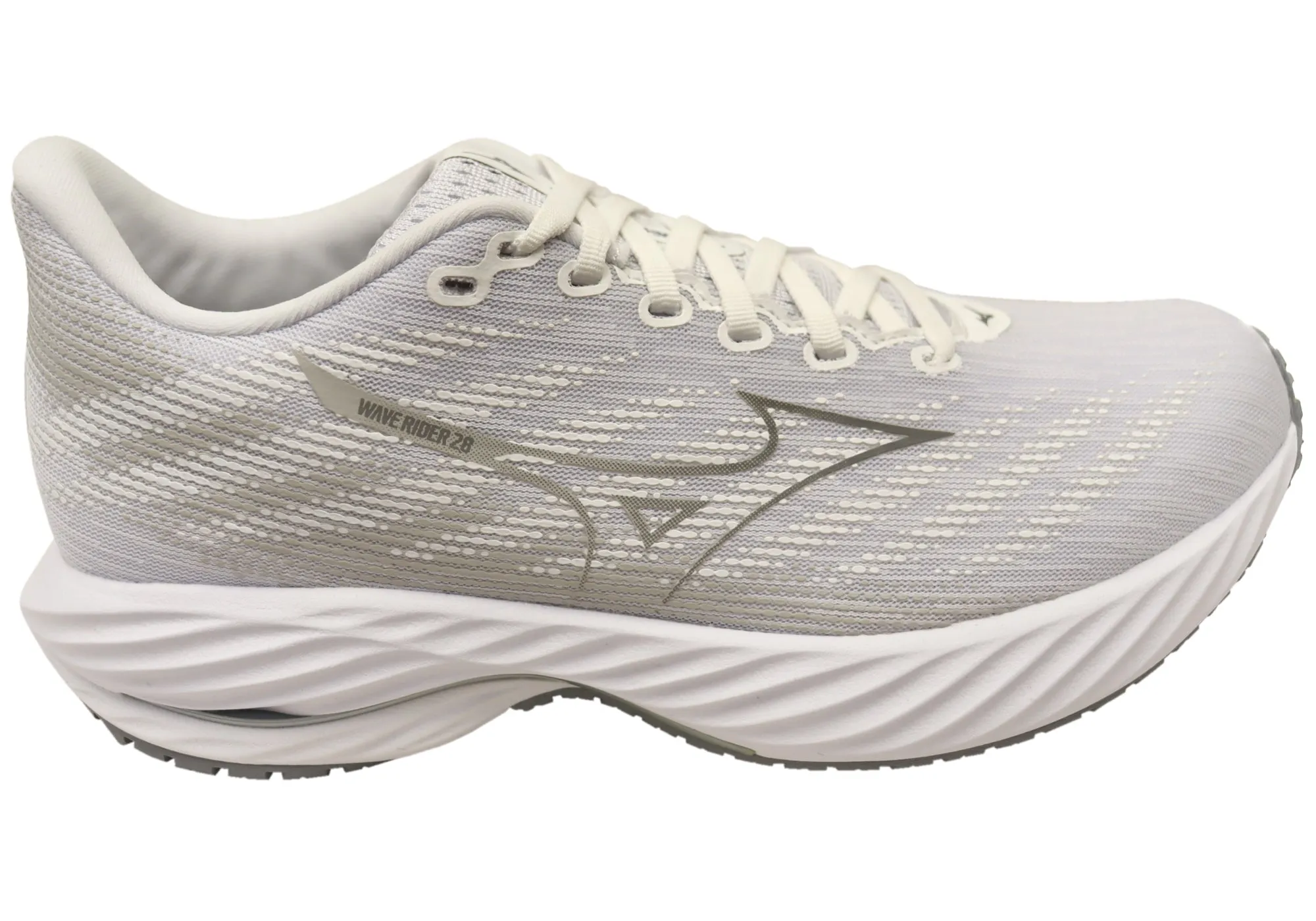 CushionedInsole Lace   Up Mizuno Mens Wave Rider 28 Running Shoes White Ultimate Gray