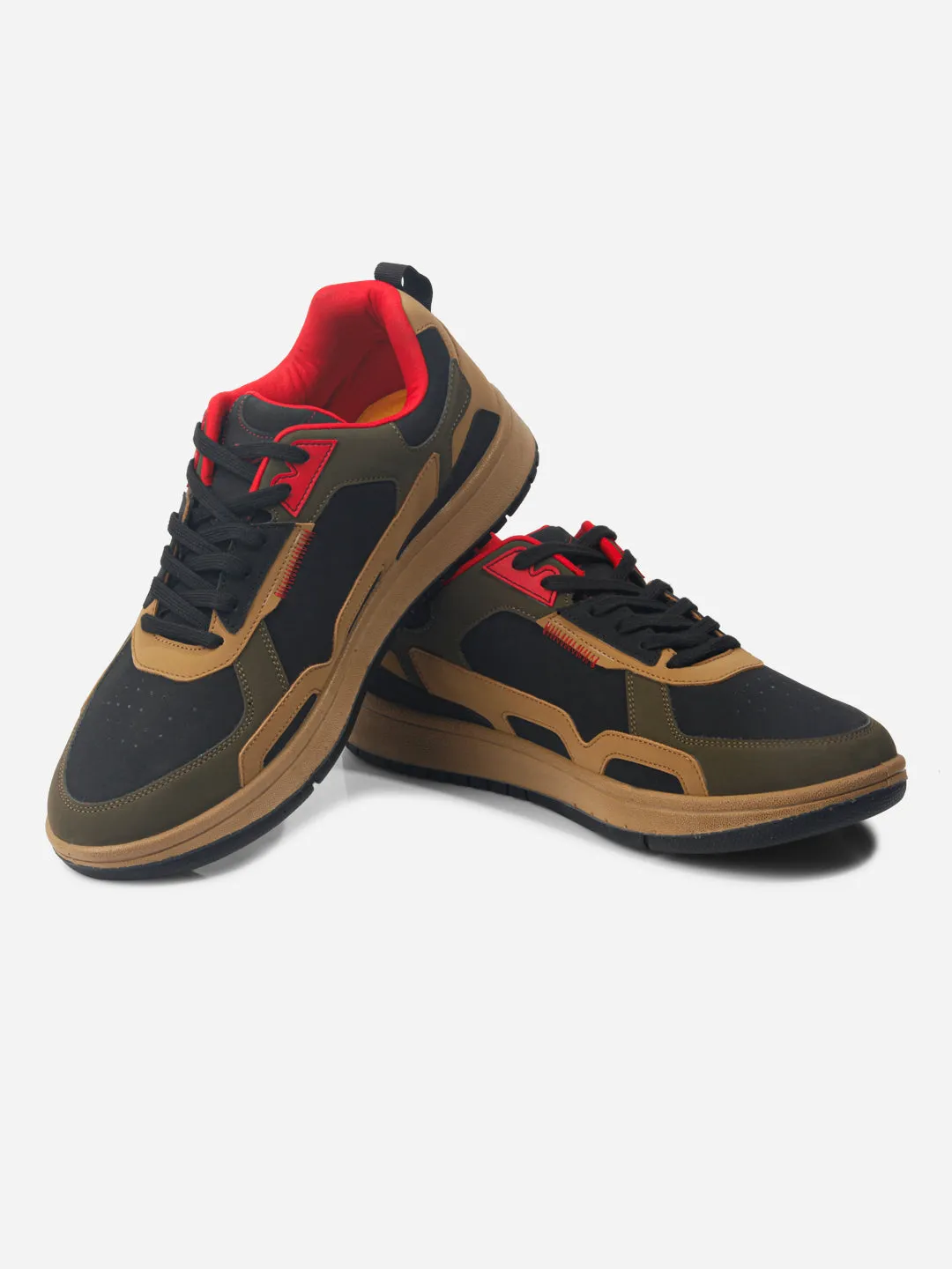 Enhanced Ankle Support Velcro fastening Men's Black Olive Lace Up Sneakers (IX6012)